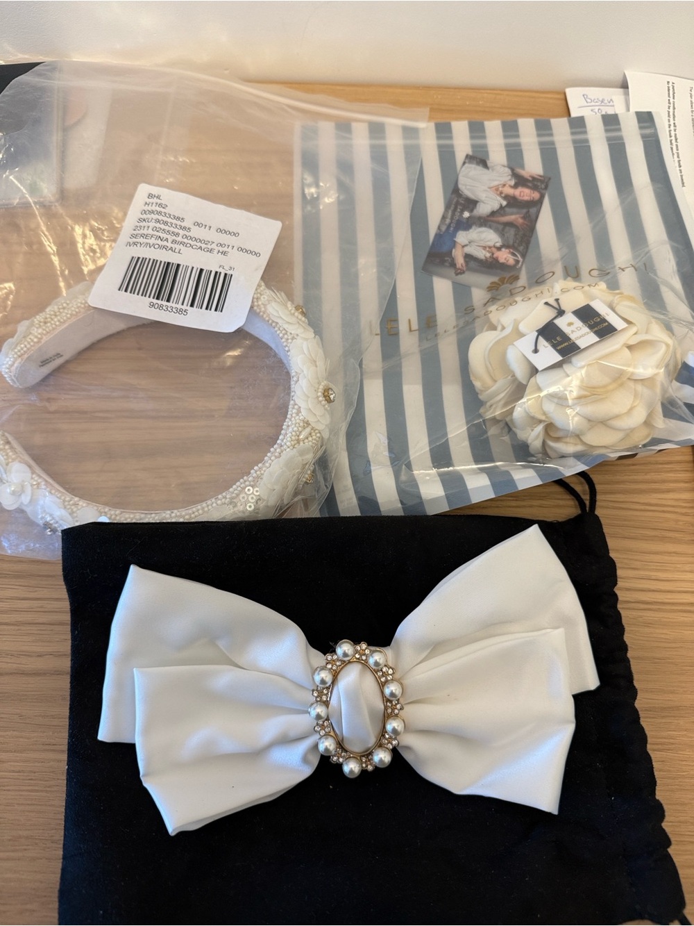 3 bridal hair accessories: White Bow Hair Clip, beaded headband, floral clip